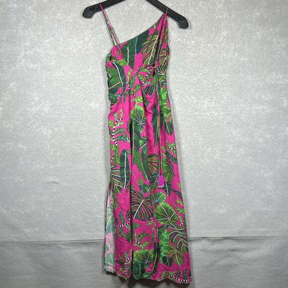 FARM RIO PINK/GREEN LEAVES ASYMMETRIC MIDI VISCOSE DRESS TROPICAL SIZE SMALL - Picture 7 of 15